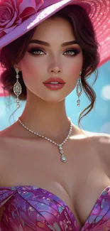 Elegant woman in pink floral hat with jewelry.