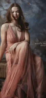 Woman with flowing peach gown sits gracefully against artistic backdrop.