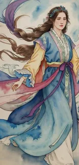 Artwork of a woman in a flowing robe with soft blue and pink hues.