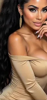 Elegant woman in gold dress posing gracefully.