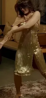 Woman in a shimmering gold dress dancing gracefully.