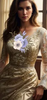 Woman in a lavish golden dress with floral embroidery.