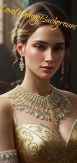 Elegant woman in a golden dress with ornate jewelry, perfect for stylish backgrounds.