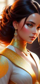 Elegant woman in golden attire with soft, warm lighting.