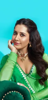 Elegant woman in green attire with turquoise background