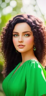 Elegant woman in green dress with curly hair against a lush green background.