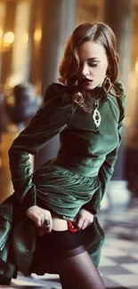 Elegant woman in a green dress set in a luxurious interior.