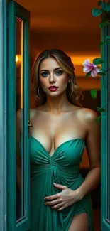 Elegant woman in green dress standing at the window.