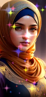 Elegant woman in a beautifully embroidered hijab with soft lighting.