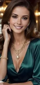 Elegant woman in emerald green dress with jewelry.