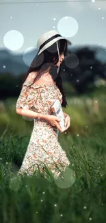 Woman in floral dress and hat in green field.