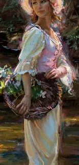 Elegant woman in an impressionist nature painting with a basket of flowers.