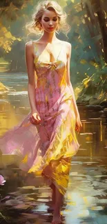 Woman in a colorful dress walking through a sunlit forest stream.