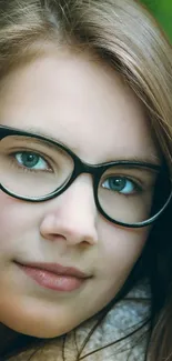 Portrait of a woman with glasses in a serene forest setting.