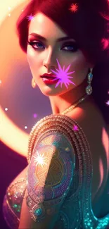 Digital illustration of elegant woman with neon lighting and intricate details.