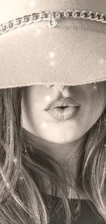 A stylish woman wearing a large hat in a sepia-toned portrait.