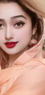 Elegant lady in peach attire with red lips and exquisite earrings.