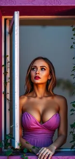 Woman in pink dress looking out window with vibrant pink frame.