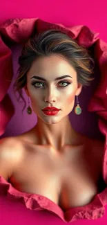 Portrait of an elegant woman against a vibrant pink background.