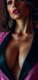 Elegant woman with pink jacket and earrings.