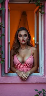 Elegant woman in pink window frame portrait.