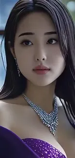 Portrait of an elegant woman in a purple dress with jewelry.