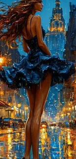 Elegant woman in dress walking through rainy city street at night.