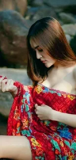 Woman in red dress sitting on rocks by the river, showcasing elegance and style.