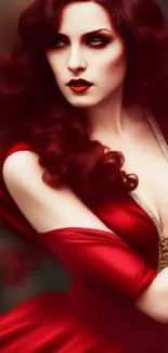 Elegant woman in a stunning red dress with vintage, glamorous style.