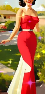 Vintage artwork of a woman in a stylish red dress outdoors.