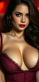 Elegant woman in red dress portrait wallpaper.