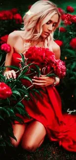 Woman in a vibrant red dress amid lush flowers, exuding elegance in nature.