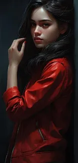 Elegant woman in a red jacket leaning against a wall.