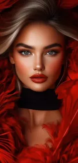 Elegant woman surrounded by red feathers in artistic portrait.