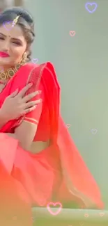 Elegant woman in a red saree with heart overlays.