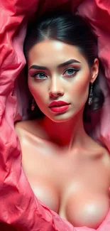 Elegant woman surrounded by red fabric in artistic wallpaper.