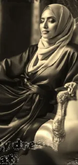 Woman elegantly posed on luxurious chair in sepia tones.