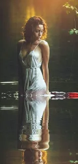 A woman in a white dress stands in reflective tranquil waters.