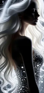 Silhouette of elegant woman in sparkling dress with flowing white hair.