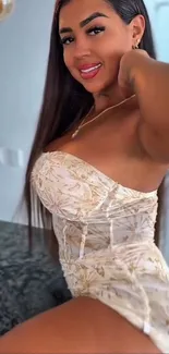 Woman in elegant beige dress.
