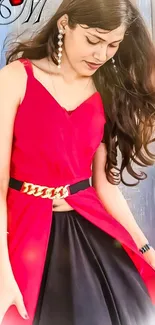 Woman in stylish red and black outfit.