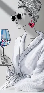 Chic woman drawing in bathrobe holding wine glass.