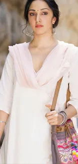 Elegant woman in white attire with stylish bag in natural light.