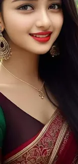 Woman in elegant traditional attire with jewelry and vibrant colors.