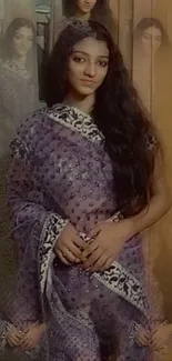 Elegant woman in purple sari with graceful stance.