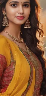 Woman in yellow traditional attire with intricate jewelry.