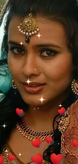 Woman in traditional attire with heart accents and jewelry on mobile wallpaper.