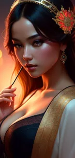 Elegant woman portrait in warm glowing light, perfect for mobile wallpaper.