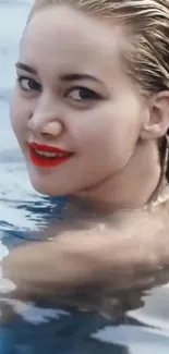 Elegant woman with red lips in serene water