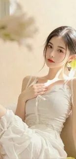 A graceful woman in a white dress with a soft background.